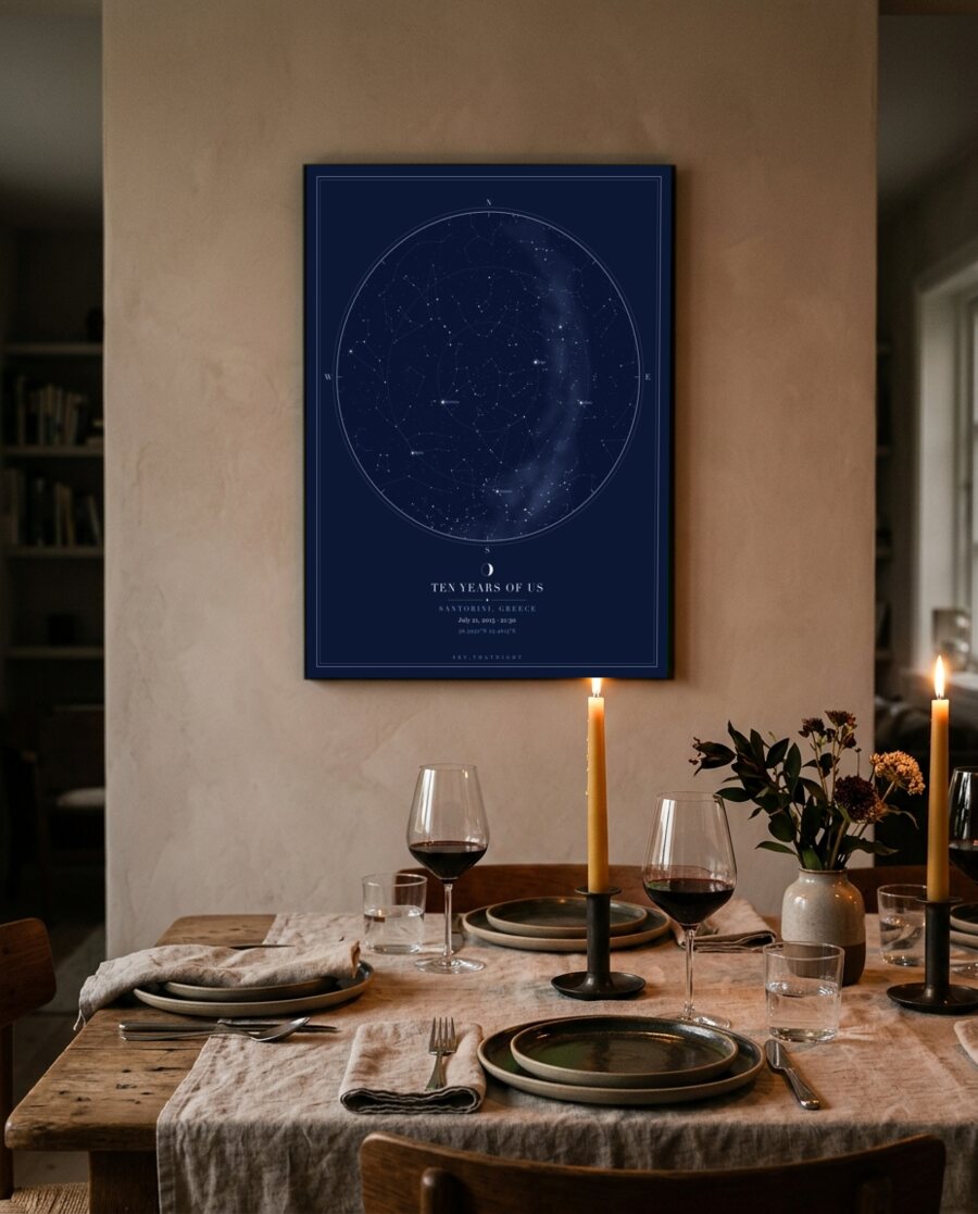Framed star map behind an anniversary dinner table