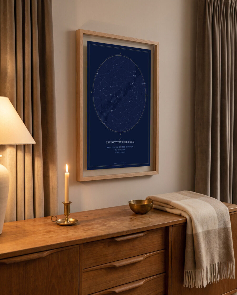 Framed star map above a sideboard by candlelight — a milestone birthday