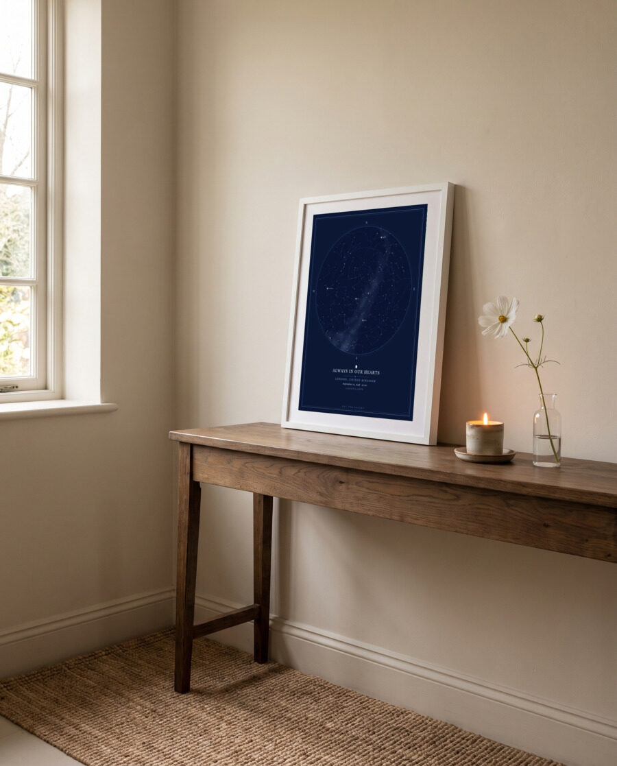 Framed star map on a quiet console beside a lit candle — in memory