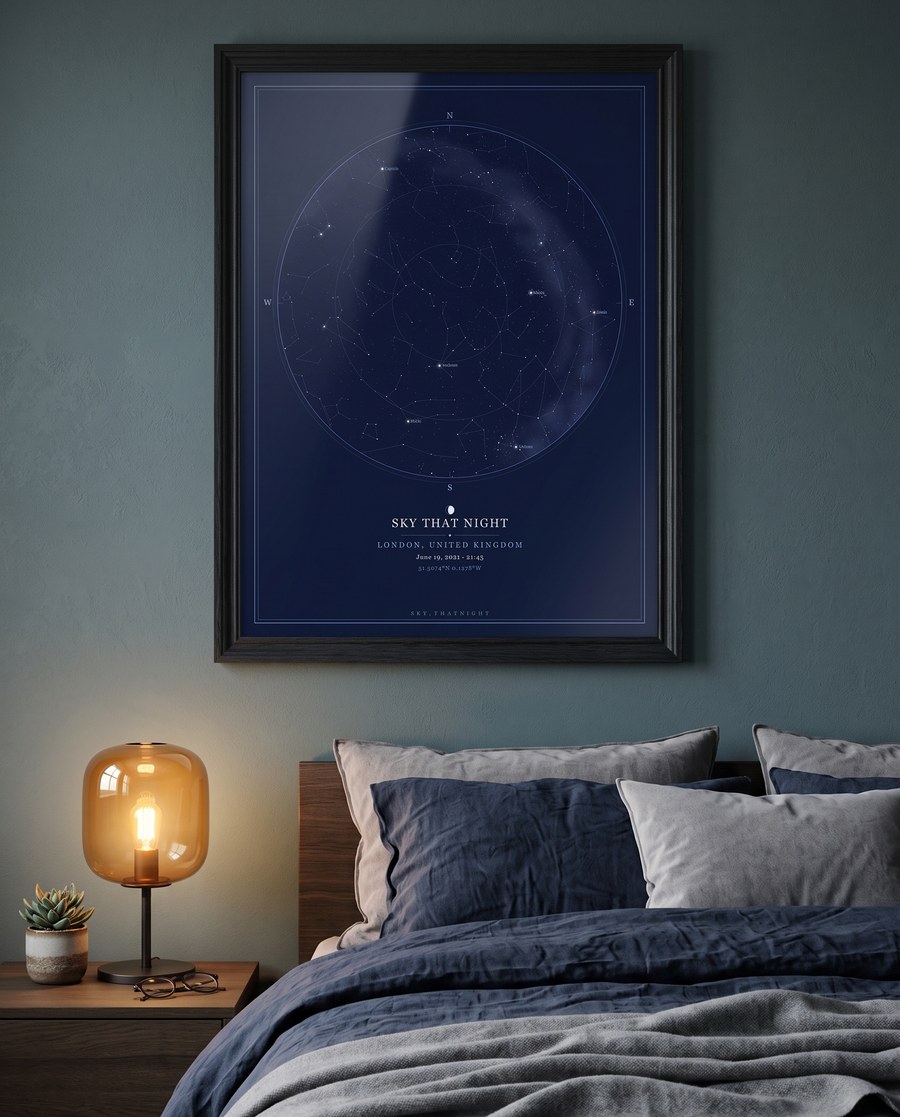 Framed star map above a bed — the night we met