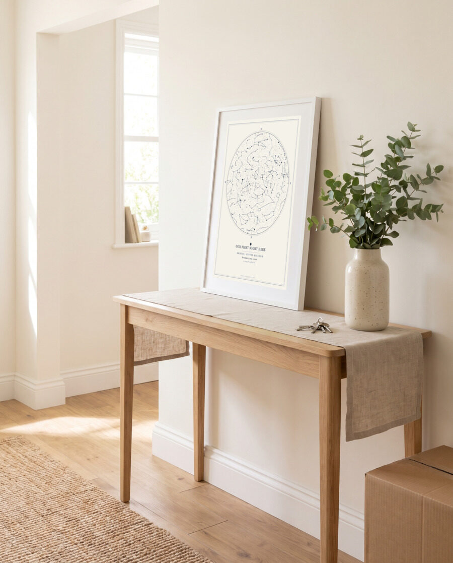 Framed star map on a hallway console in a new home