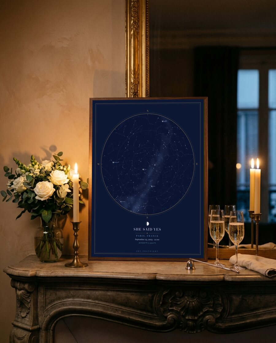 Framed star map on a candlelit mantelpiece — she said yes