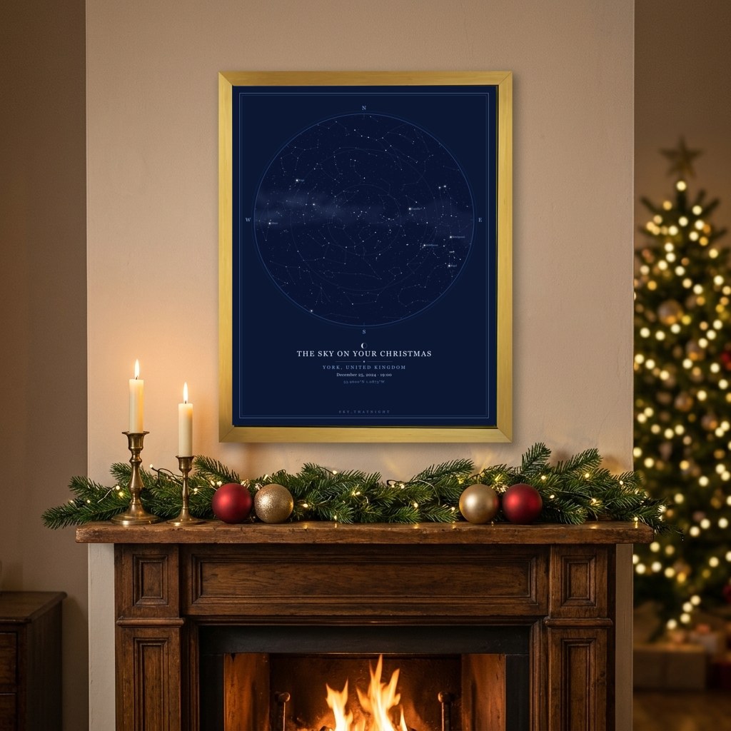 Star map in a gold Classic frame above an antique mantelpiece dressed for Christmas